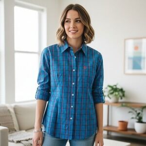 George Strait for Her Wrangler Plaid Button Down Shirt Blue Pink - Size M